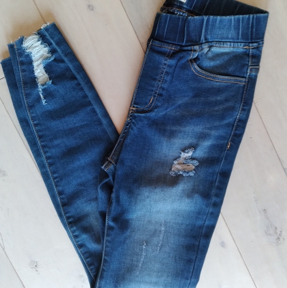 Distressed Mid-Rise Pull-On Denim (Washed Indigo) - Picture 6 of 12